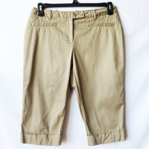 New Worthington Women Khaki Fold Up Hem Flat Front Mid Rise Skimmer Pants 8P - Picture 1 of 4